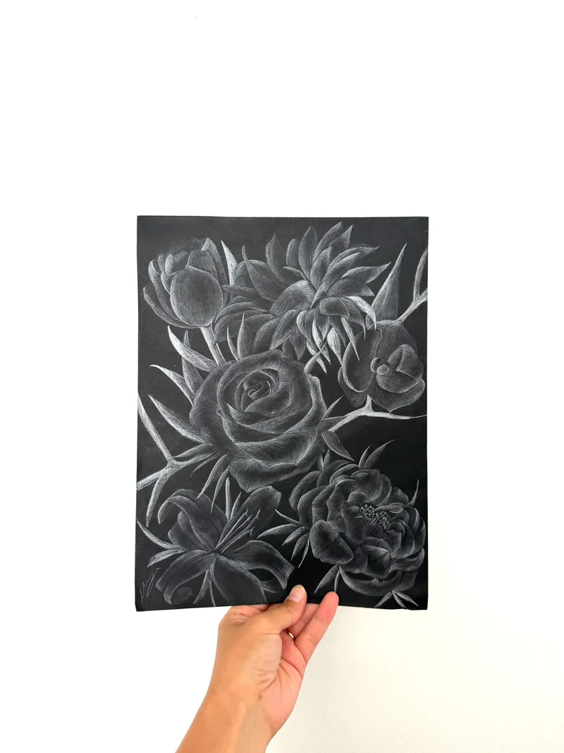 White pencil roses on black paper