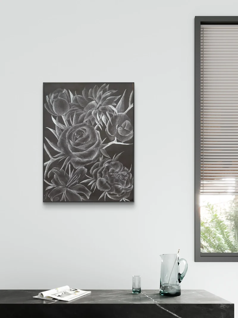 White pencil roses on black paper