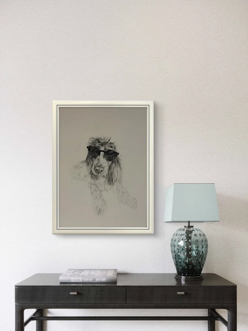 Pencil portrait of a dog wearing sunglasses, framed