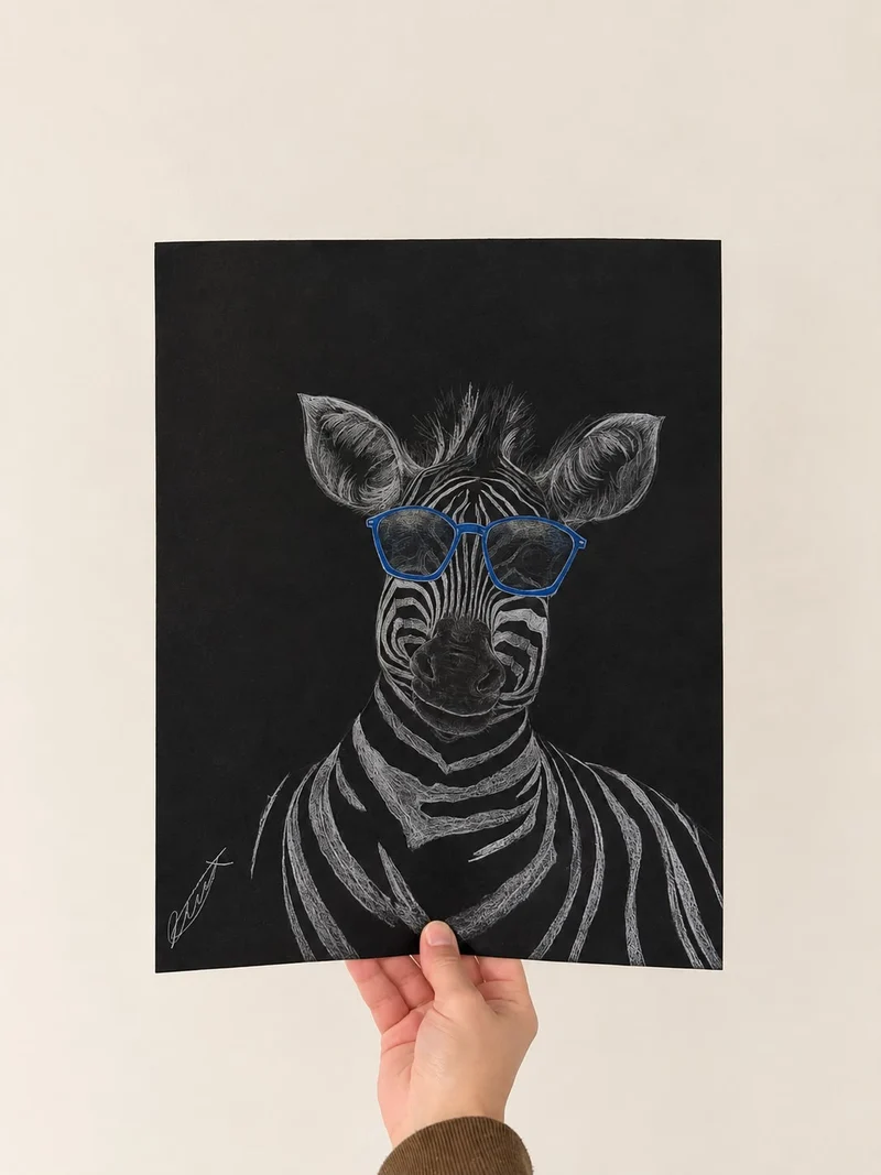 White pencil zebra drawings on black paper, one wearing blue glasses