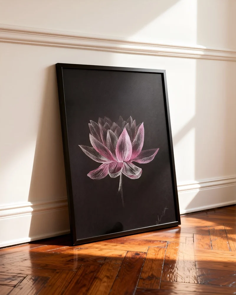 Pink and white pencil lotus flower on black paper