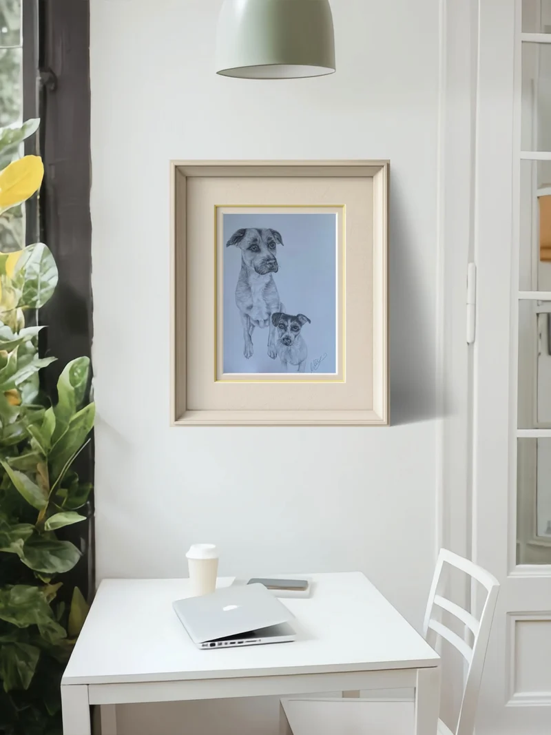 Framed dog portrait on pale blue paper