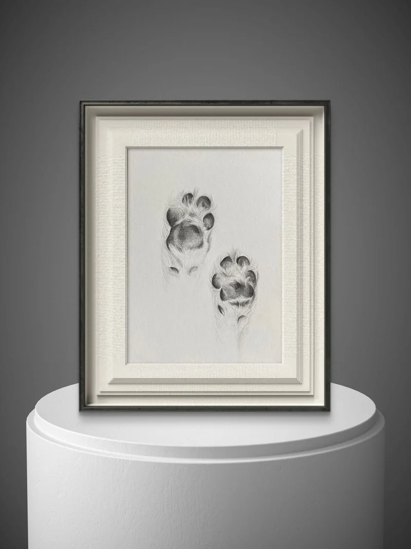Graphite pencil drawing of two dog paw prints