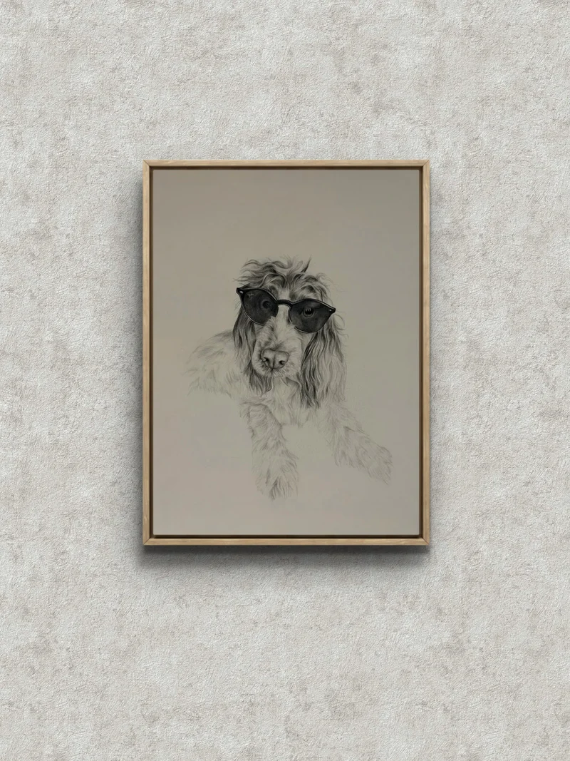 Pencil portrait of a dog wearing sunglasses, framed