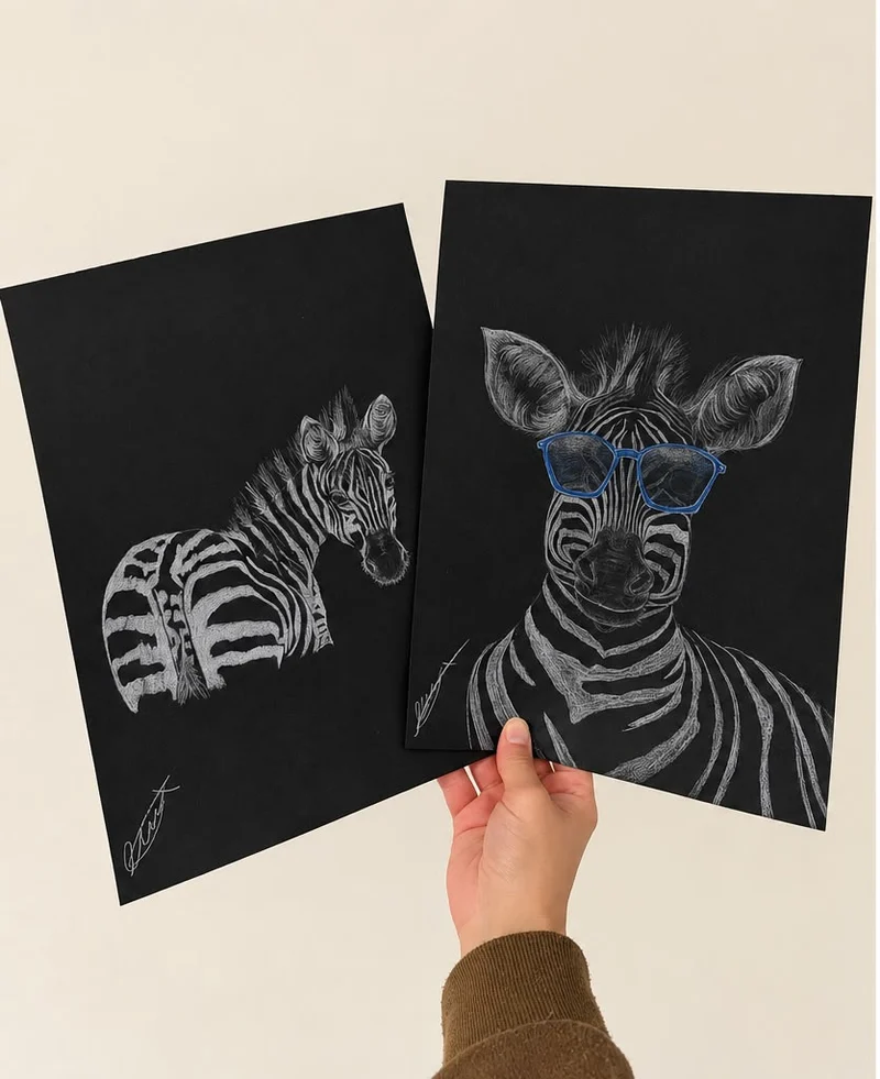 White pencil zebra drawings on black paper, one wearing blue glasses
