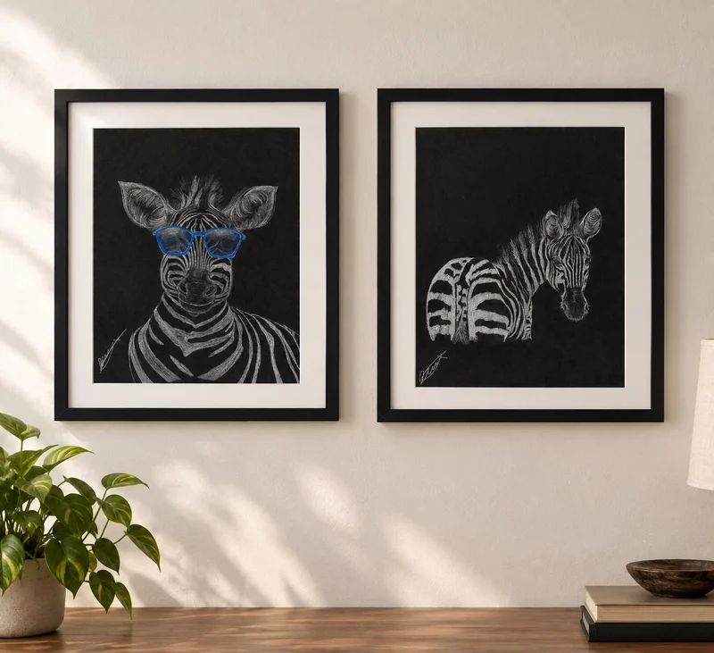 White pencil zebra drawings on black paper, one wearing blue glasses