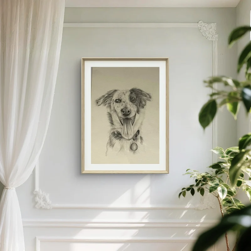 Framed pencil portrait of a smiling dog